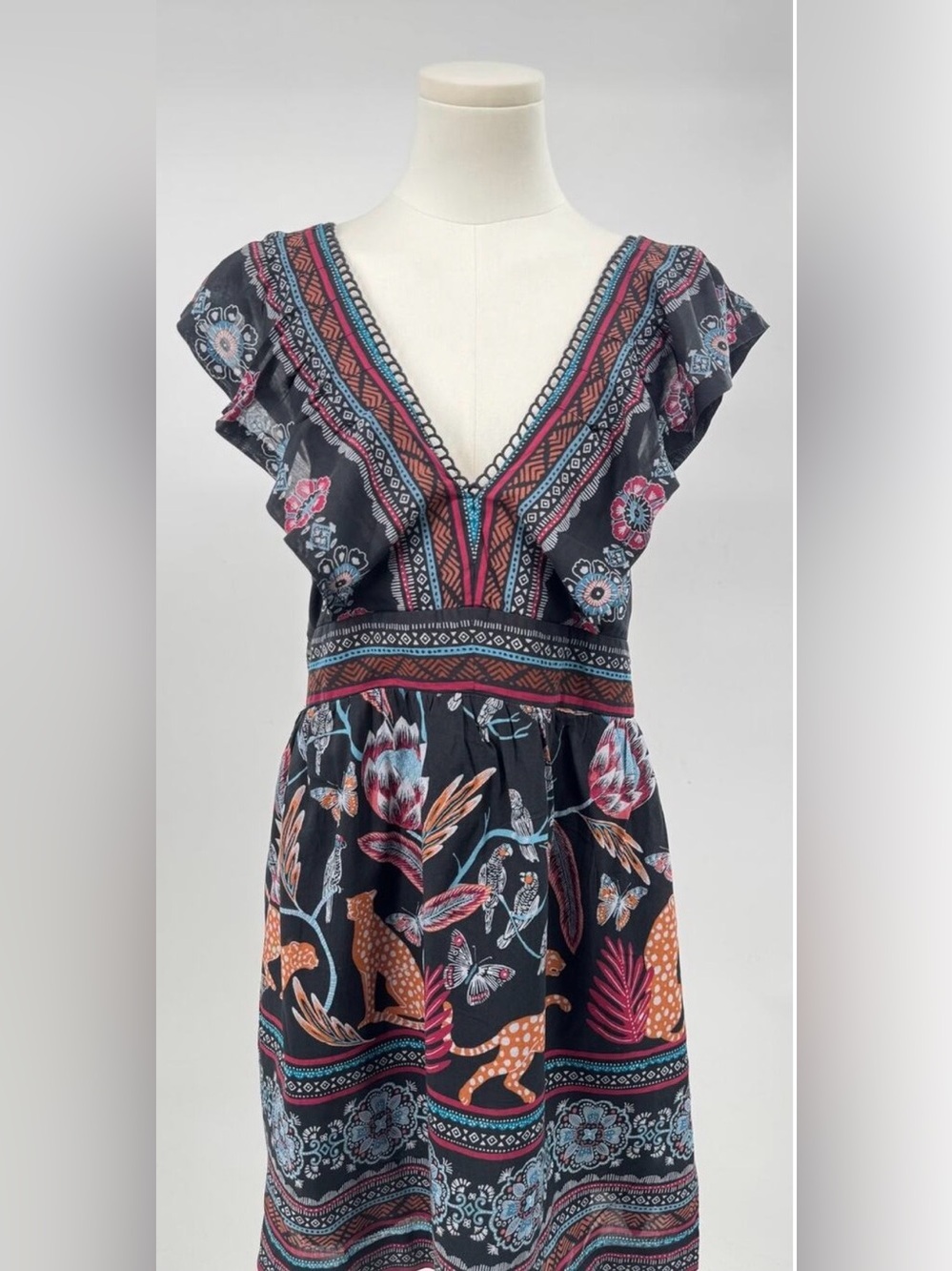 Anthropologie Black Flutter Sleeve V-Neck Boho Floral Leopard Mini Dress XL
